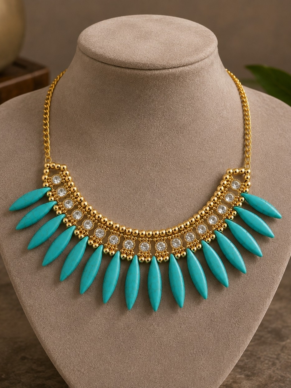 Gold-Tone Turquoise Spike Statement Boho Necklace